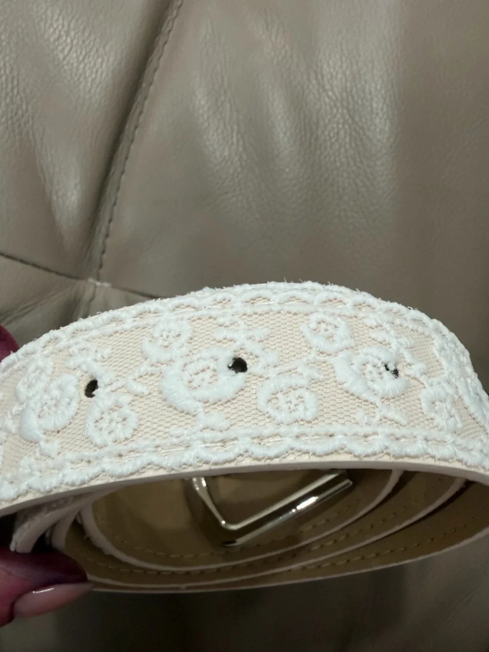White Lace Belt Women Faux Leather Floral Embroidered Silver Buckle Cottagecore